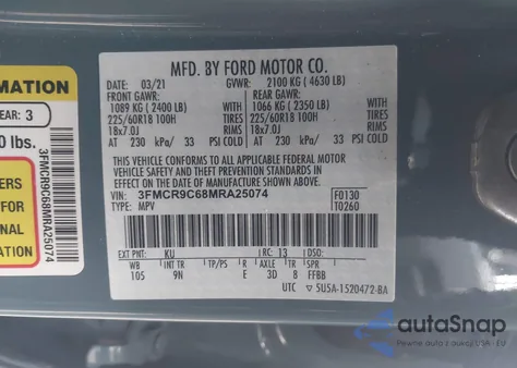 2021 Ford Bronco Sport Outer Banks z USA, uszkodzony, nr VIN 3FMCR9C68MRA25074